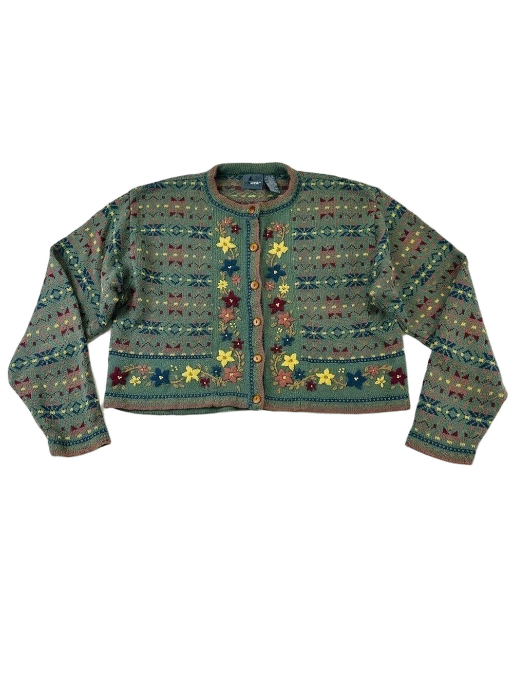 90s Claiborne alpine embroidered cardigan Medium Petite womens green Cottagecore